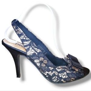 #429 Fiona Night Y2K Sling Back Lace Heels Pumps Black Gold Shoes 8.5 Women's